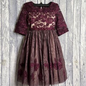 Girls Bonnie Jean Burgundy/Nude Illusion Lace 3/4 Sleeve Party Dress, 6